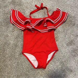 Janie and Jack Swimsuit Red Ric Rac Ruffle Bathing Suit Tomato Red size 5